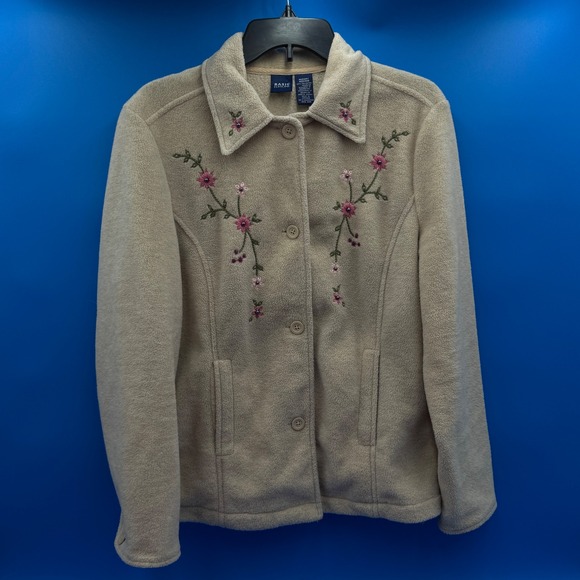Basic Editions Jackets & Blazers - Basic Editions Womens Beige Fleece Button‎ Front Embroidered Jacket Size Medium